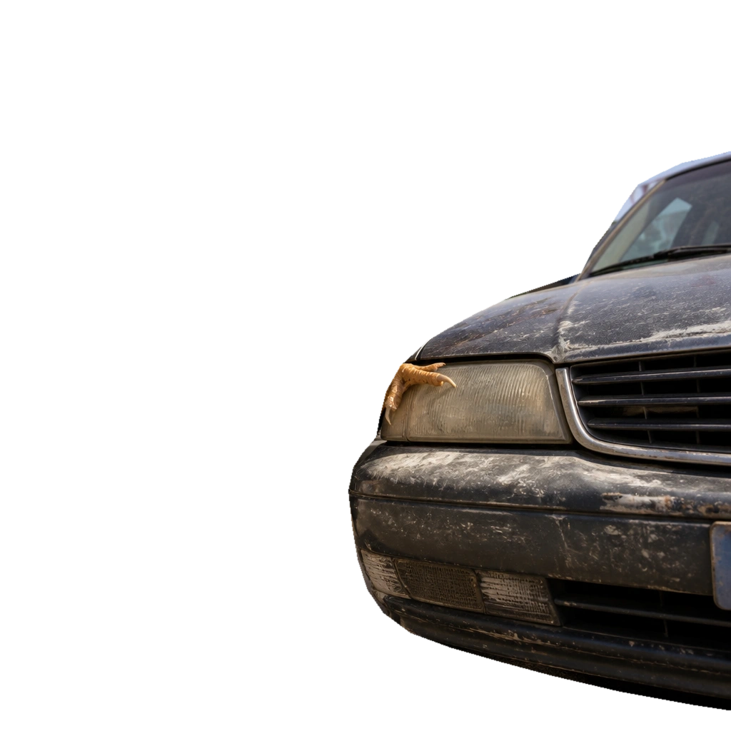 The battered sedan under Kip's talon