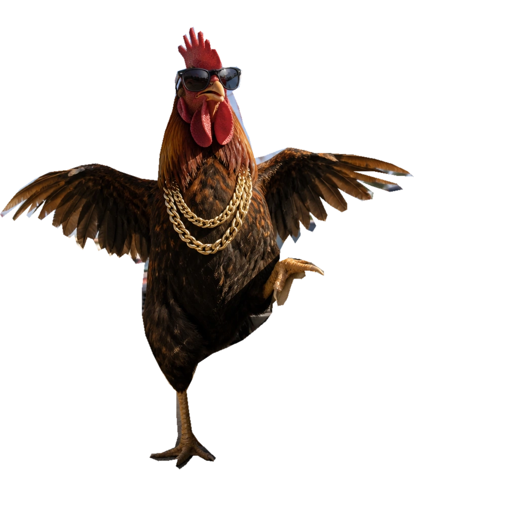 Kip Crowe, a rooster in dark sunglasses and thick gold chains, spreads his wings with one talon resting on a battered sedan.